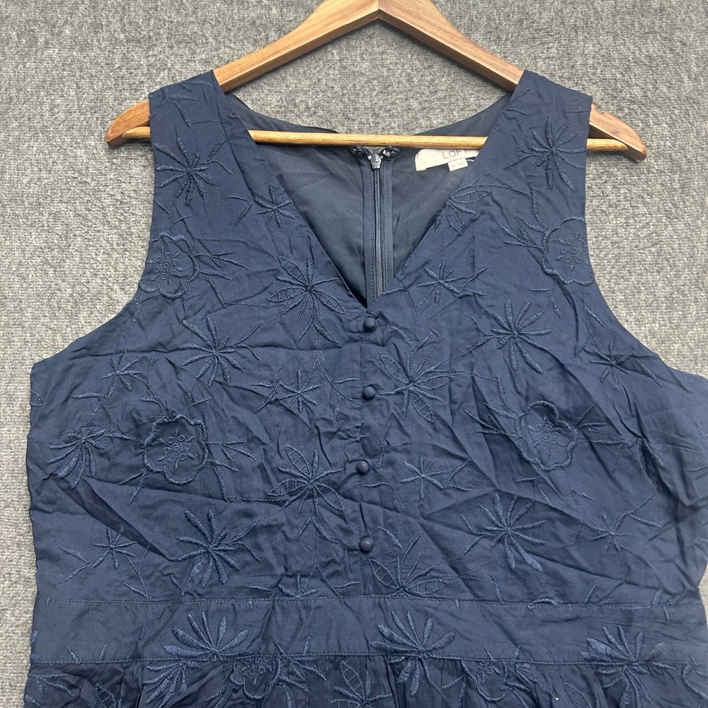 LOFT Embroidered‎ Button Flare Dress Size 16 Navy Blue Womens